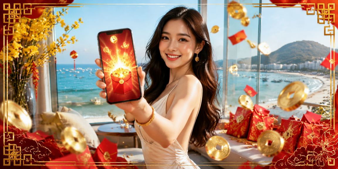 Người dùng tận hưởng khuyến mãi thưởng bao đỏ trên bãi biển Vũng Tàu qua điện thoại